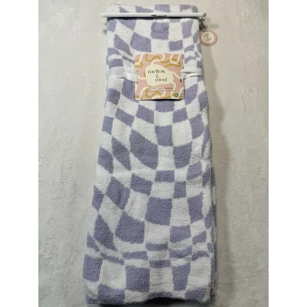 Mellow & Mod Feather Yarn Blanket Lavendar & White Check 50 X 70 in